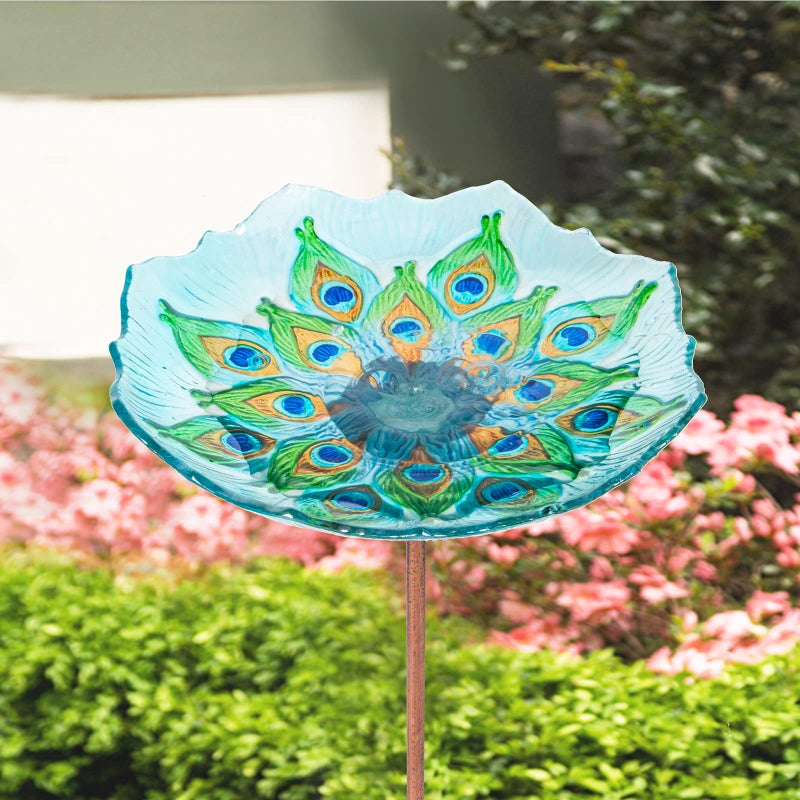 MUMTOP Glass Bird Bath, Garden Outdoor Birdbaths Birdfeeder with Metal Stake Peacock - Image 3